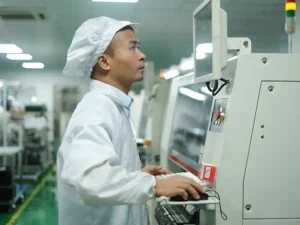Inspection and test station checking assembled boards on the production line