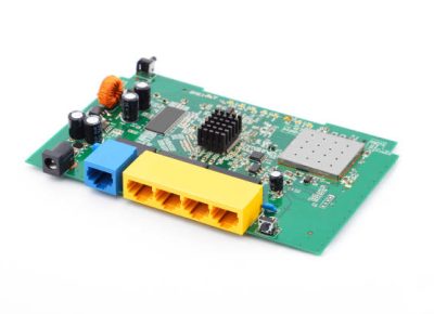 Green printed router motherboard with microcircuit on white