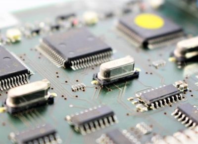 An image of a circuit board, various components