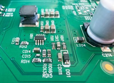 37 A green printed circuit board is shown in close up, populated with surface mount resistors, capacitors, an integrated circuit chip, and an inductor coil soldered along the copper traces. Component reference labels are printed in white on the board surface next to each part, and a large cylindrical capacitor sits at the right edge of the frame. The image is captured in horizontal orientation and high resolution with a shallow depth of field that keeps the center components in sharp focus. Suitable for electronics manufacturing, technology, engineering, and hardware repair concepts.