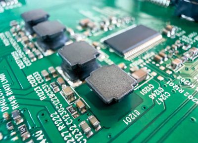 4 A detailed macro shot of a printed circuit board featuring inductors, capacitors, resistors, and an integrated circuit chip mounted on a vibrant substrate. The shallow depth of field highlights the intricate surface-mount components and etched labeling, making this image ideal for technology, engineering, and electronics industry concepts. Horizontal composition, high resolution.